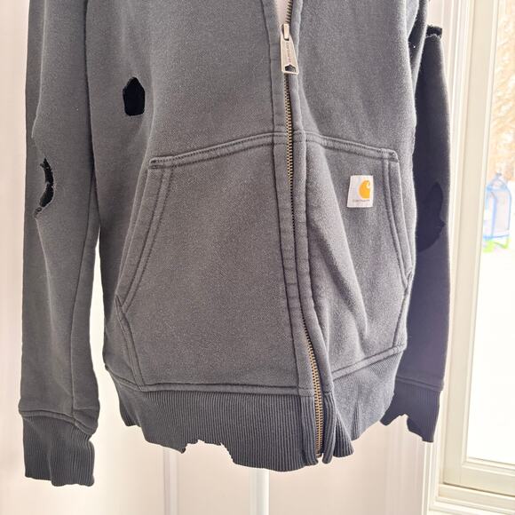 Carhartt Distressed Ripped Black Zip Up Hoodie Size Women's Small Holes Torn - Picture 4 of 8